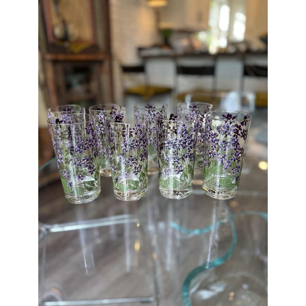 Set Of 8 Vintage CERA Violet Tumbler Highball Drinking Glasses Purple Flowers